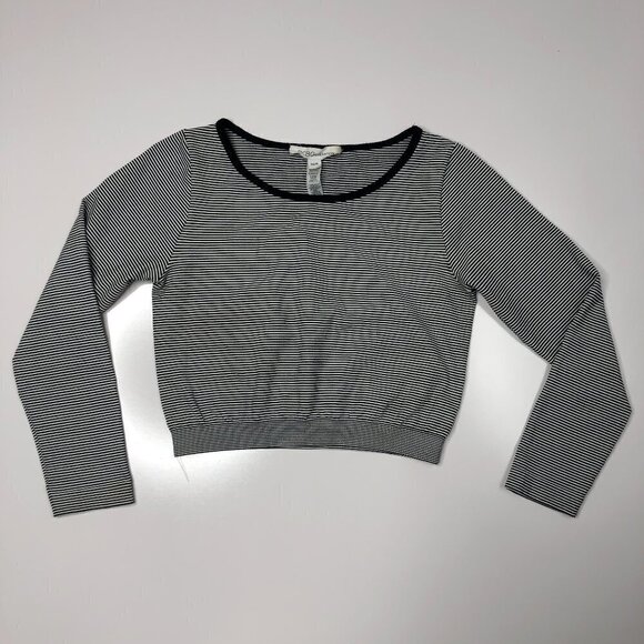 BCBGENERATION Y2K Style Black White Mirco Striped Long Sleeved Stretchy Crop Top - Picture 2 of 13